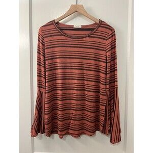 Oddy Women's Rust Orange Brown Stripe Bell Sleeve Top Size M Medium